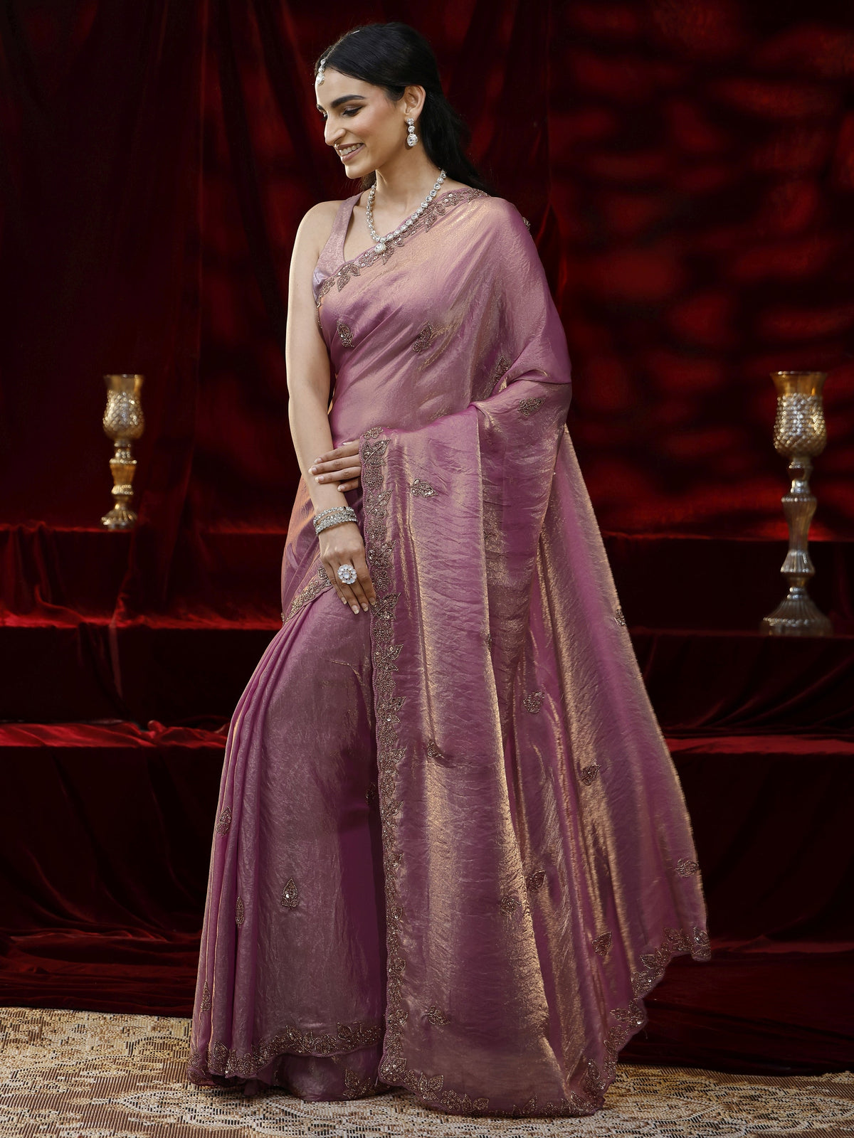 Anouk Pink Embellished Tissue Saree