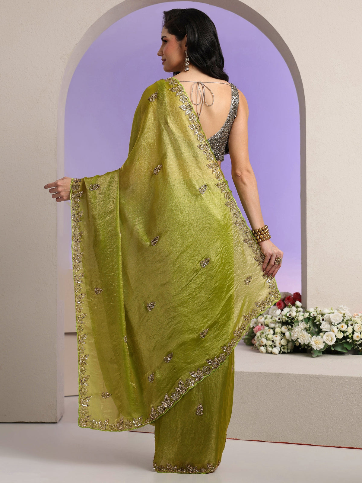 Anouk Lime Green Embellished Tissue Saree