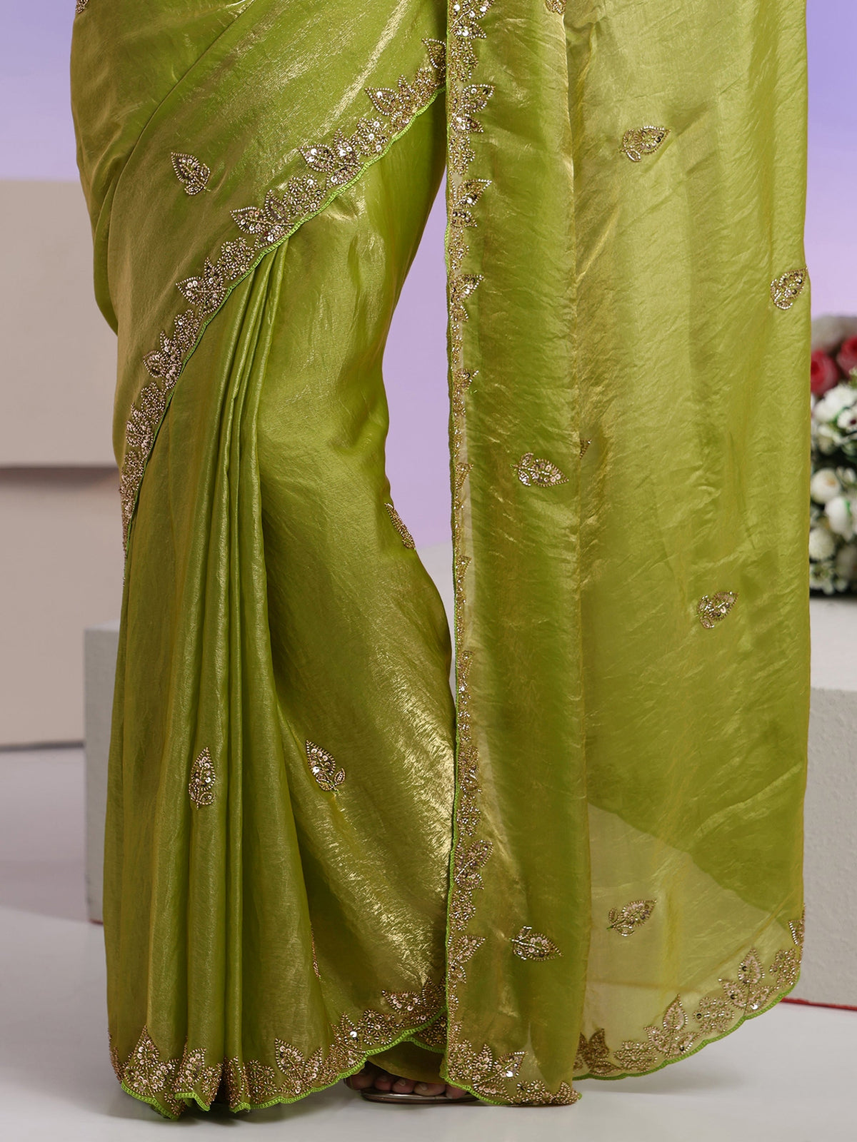Anouk Lime Green Embellished Tissue Saree