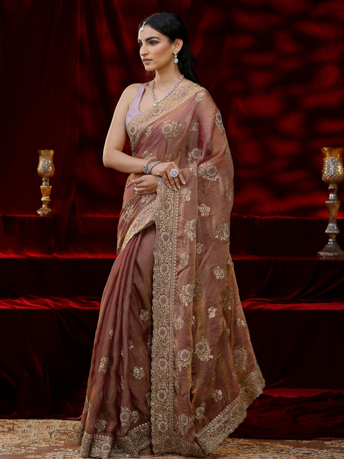Anouk Pink Floral Embroidered Tissue Saree