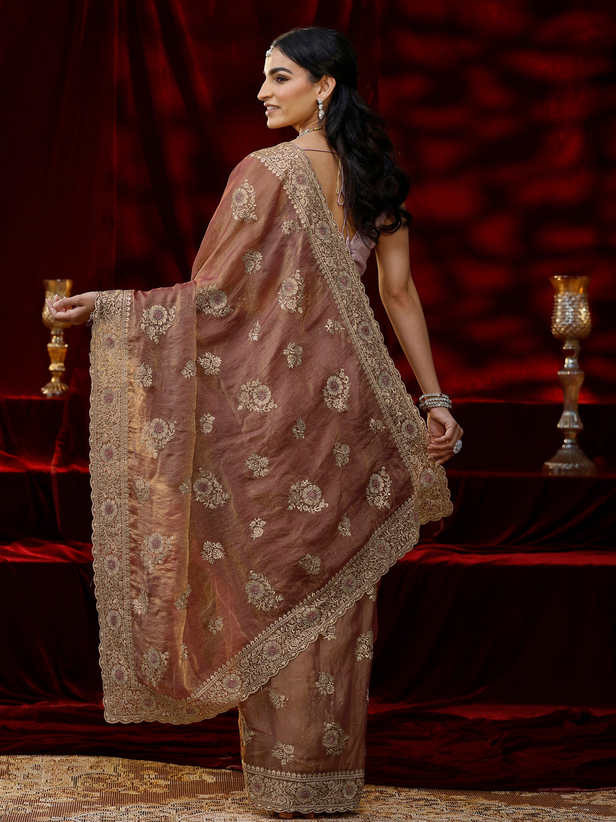 Anouk Pink Floral Embroidered Tissue Saree