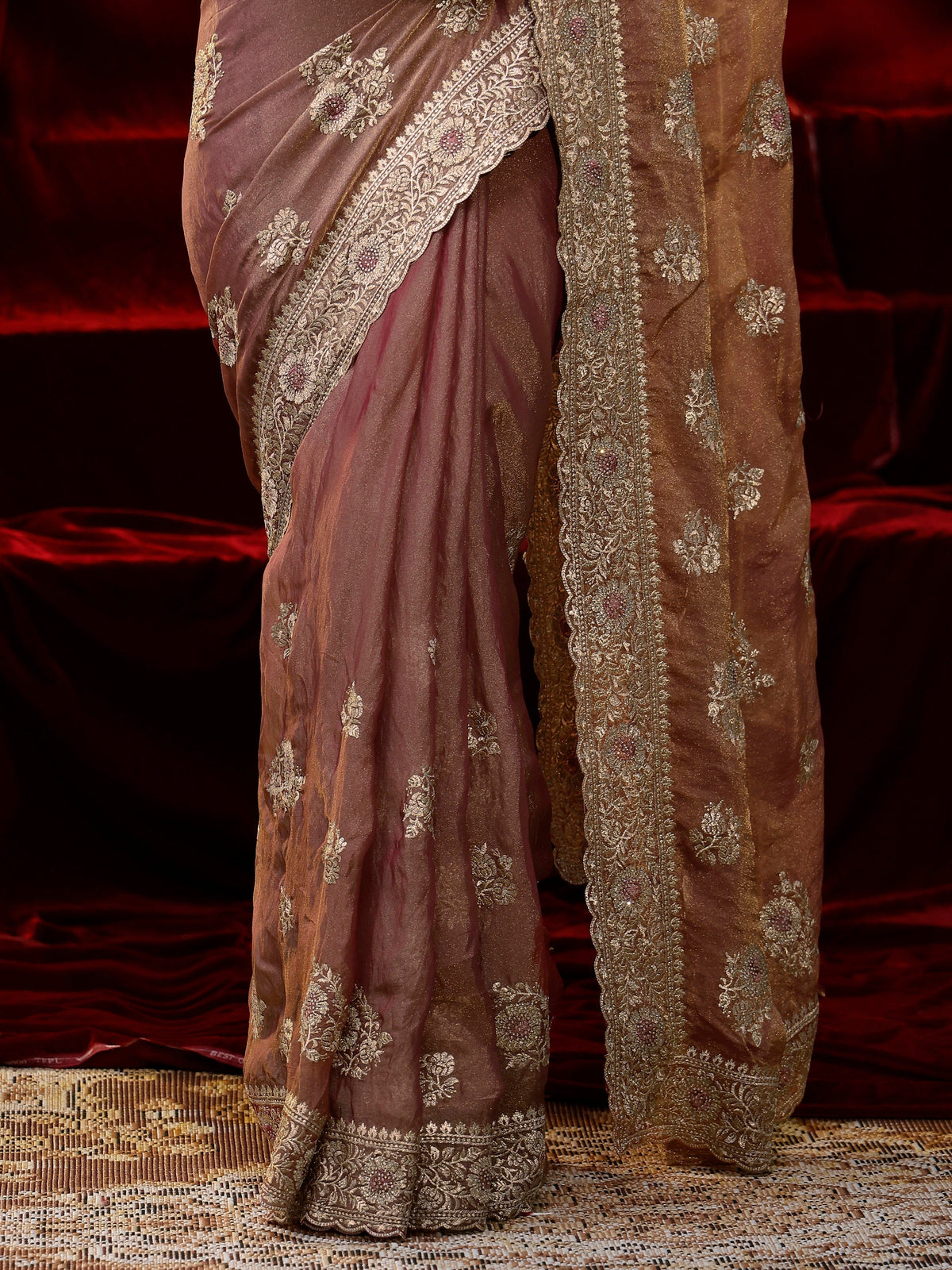 Anouk Pink Floral Embroidered Tissue Saree