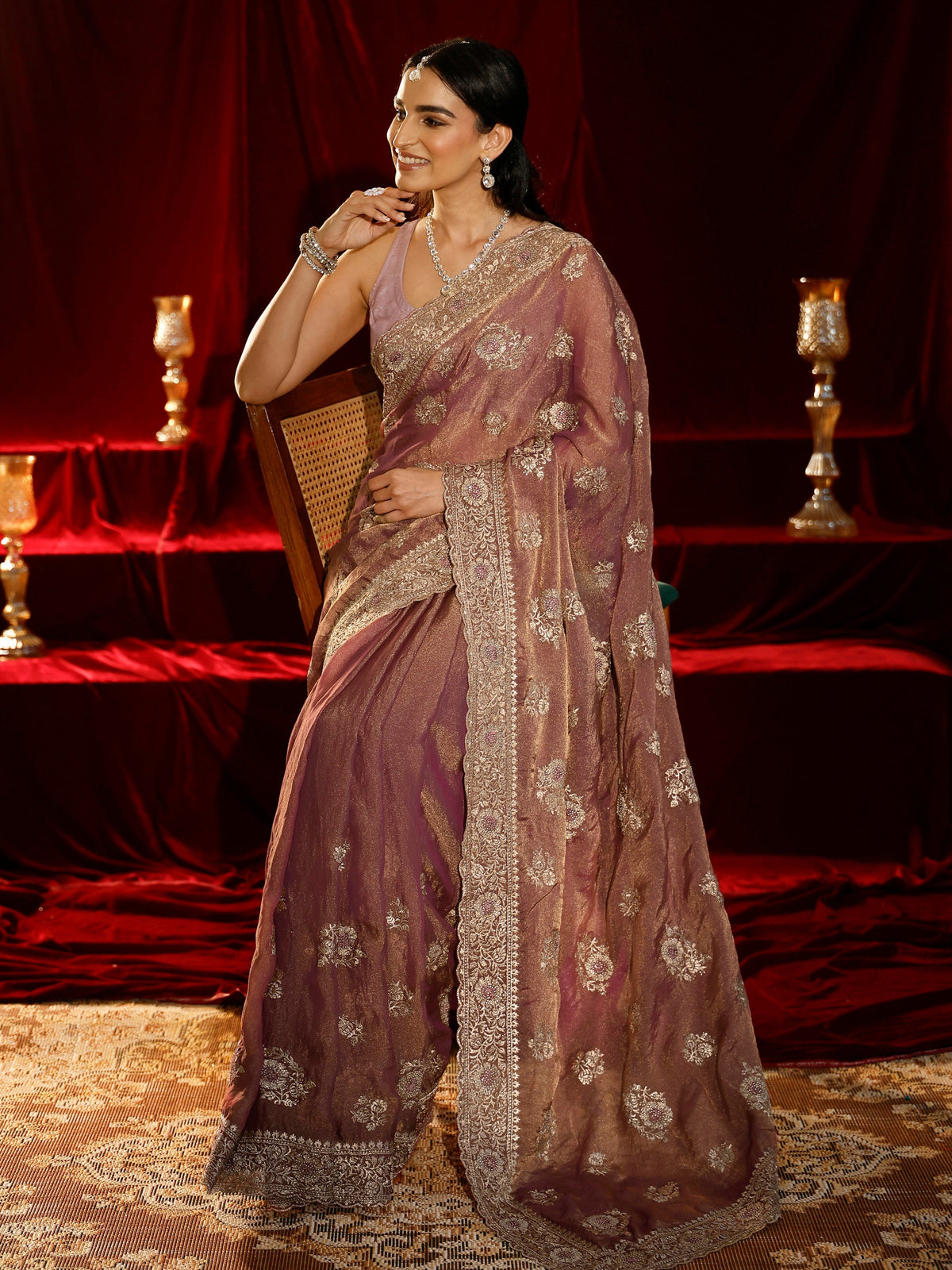 Anouk Pink Floral Embroidered Tissue Saree