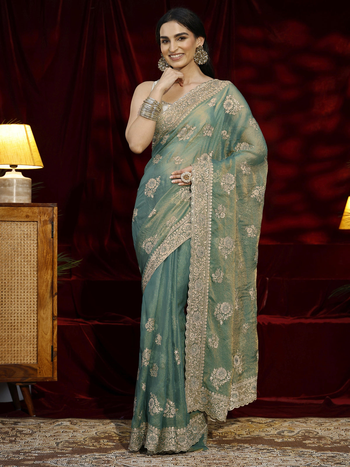 Anouk Green Floral Embroidered Tissue Saree