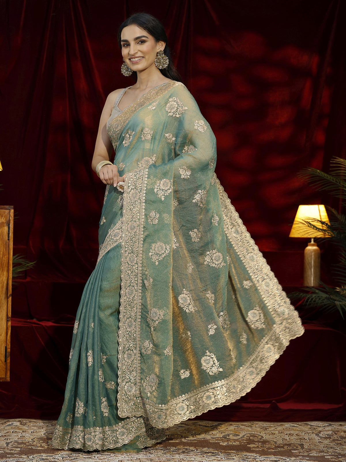 Anouk Green Floral Embroidered Tissue Saree