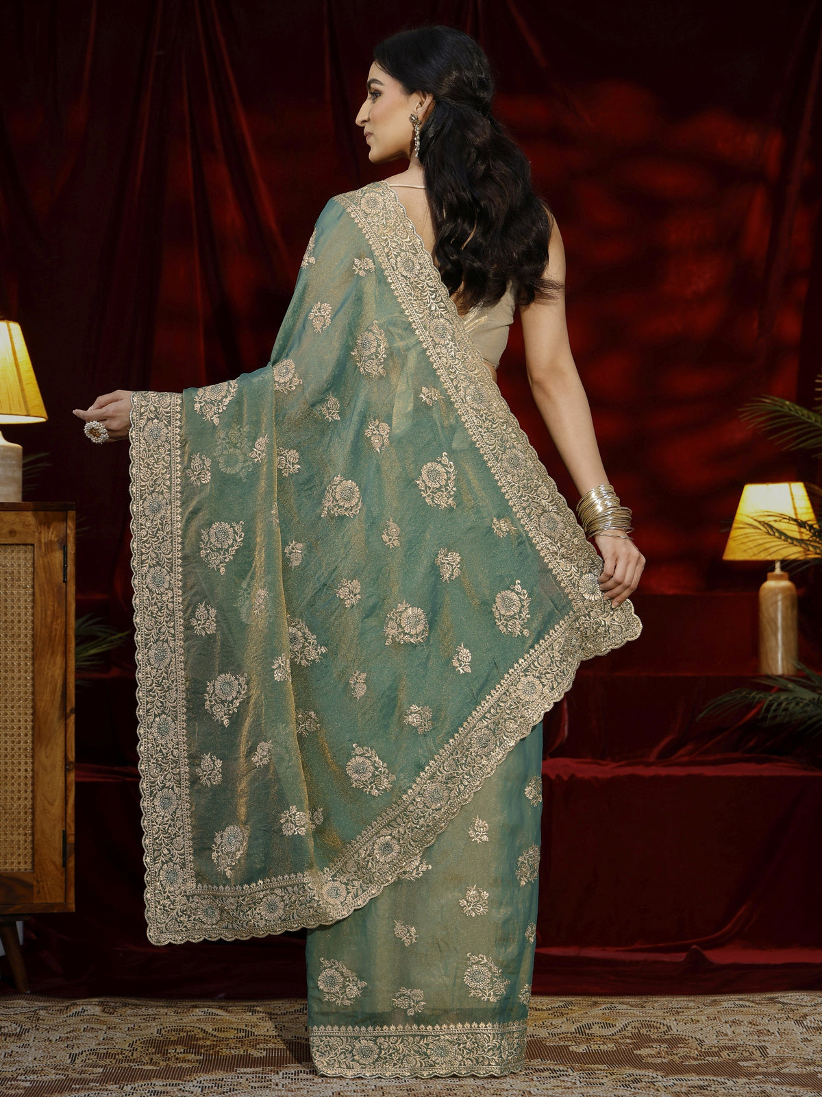 Anouk Green Floral Embroidered Tissue Saree