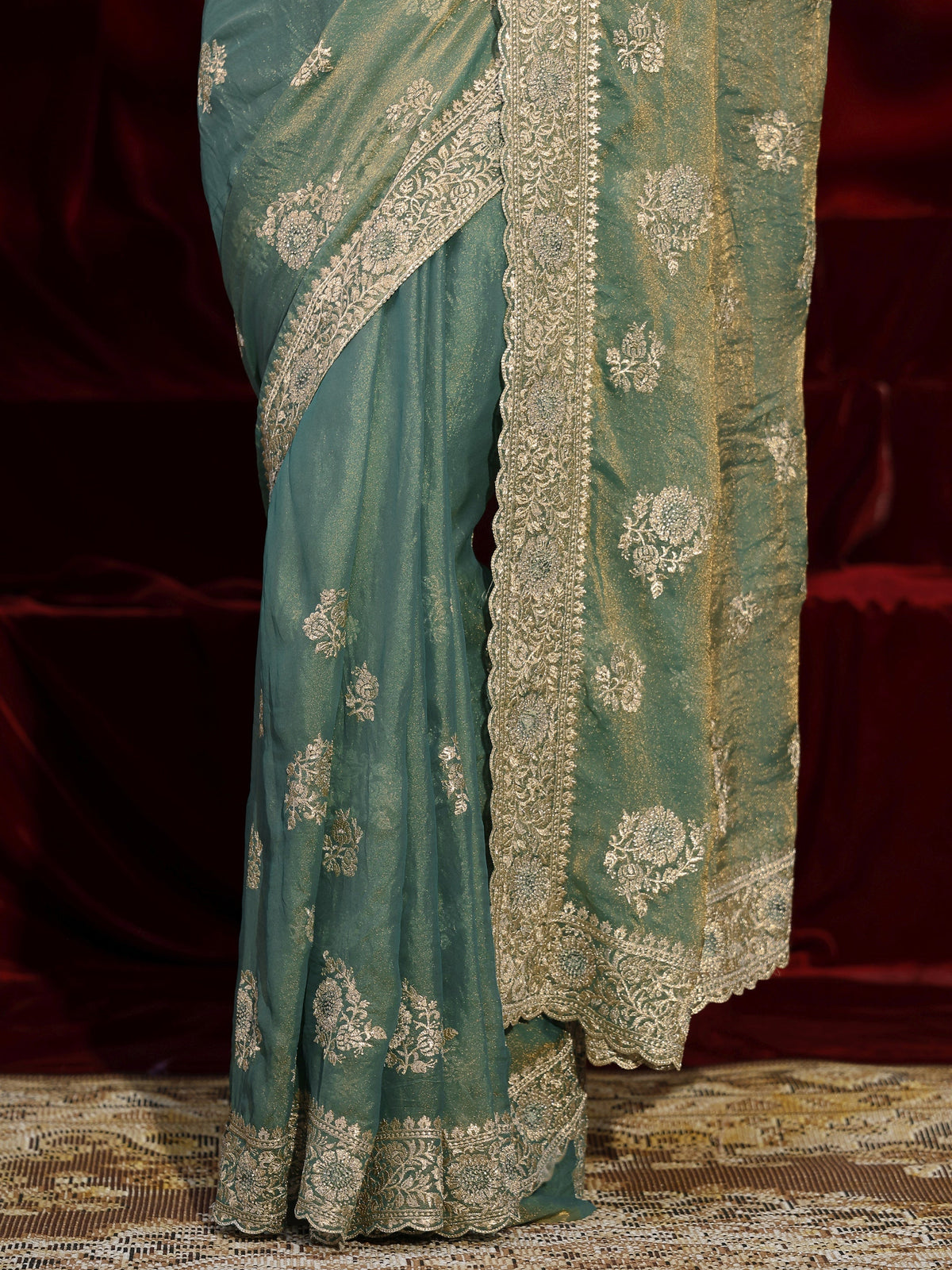 Anouk Green Floral Embroidered Tissue Saree