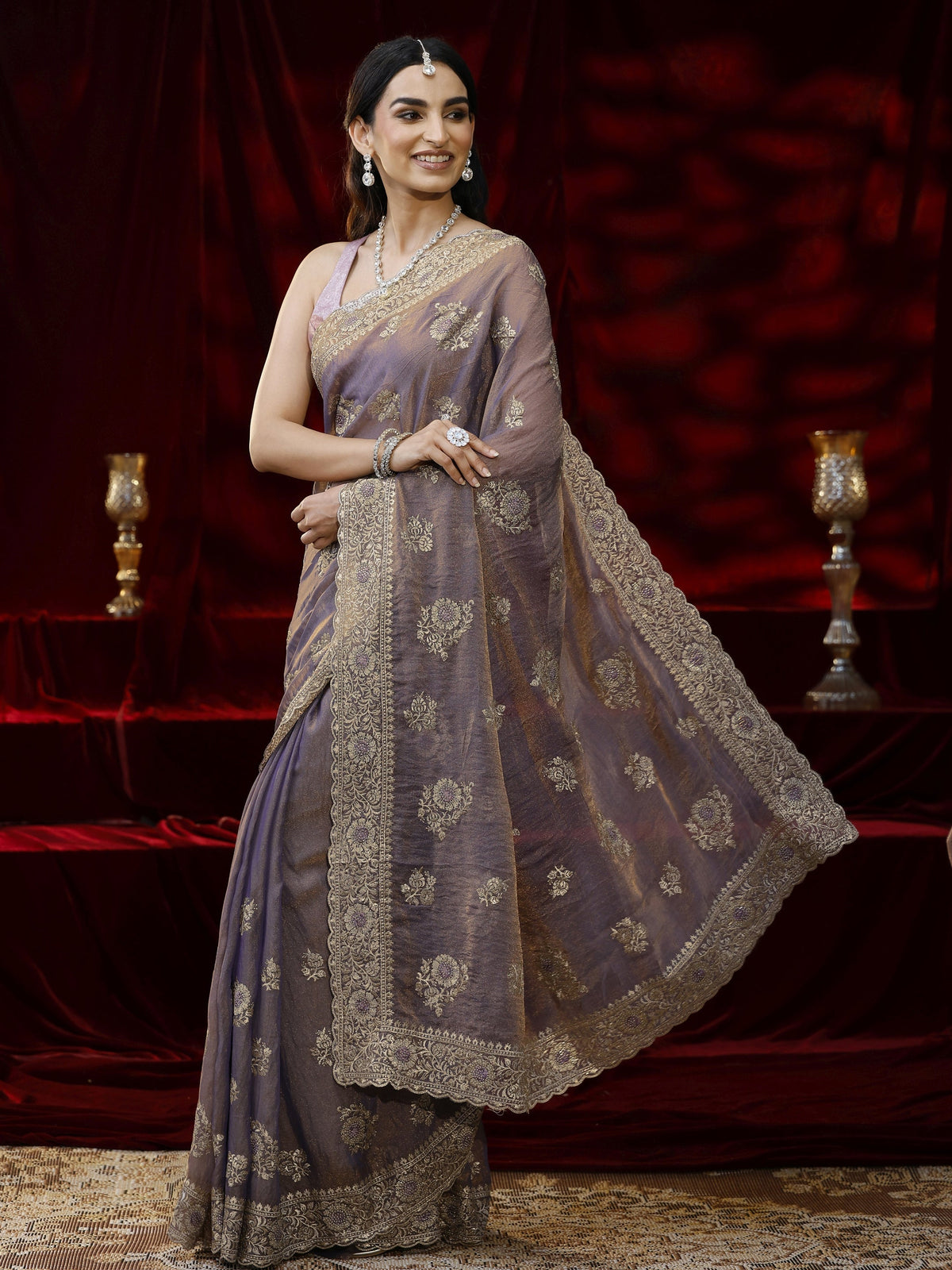 Anouk Lavender Floral Embroidered Tissue Saree