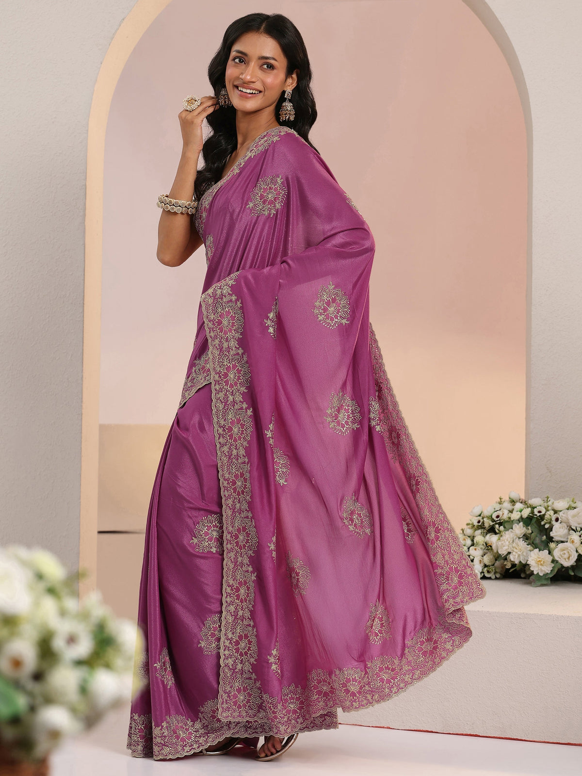 Anouk Dusty Rose Pink Floral Embroidered Tissue Saree