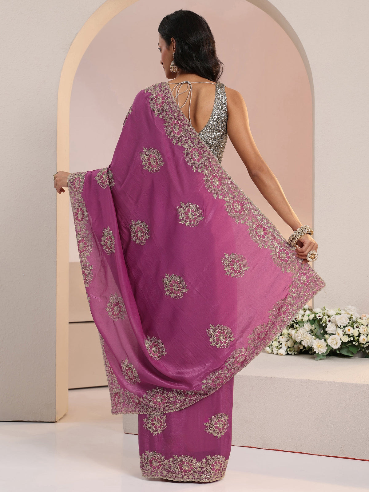 Anouk Dusty Rose Pink Floral Embroidered Tissue Saree