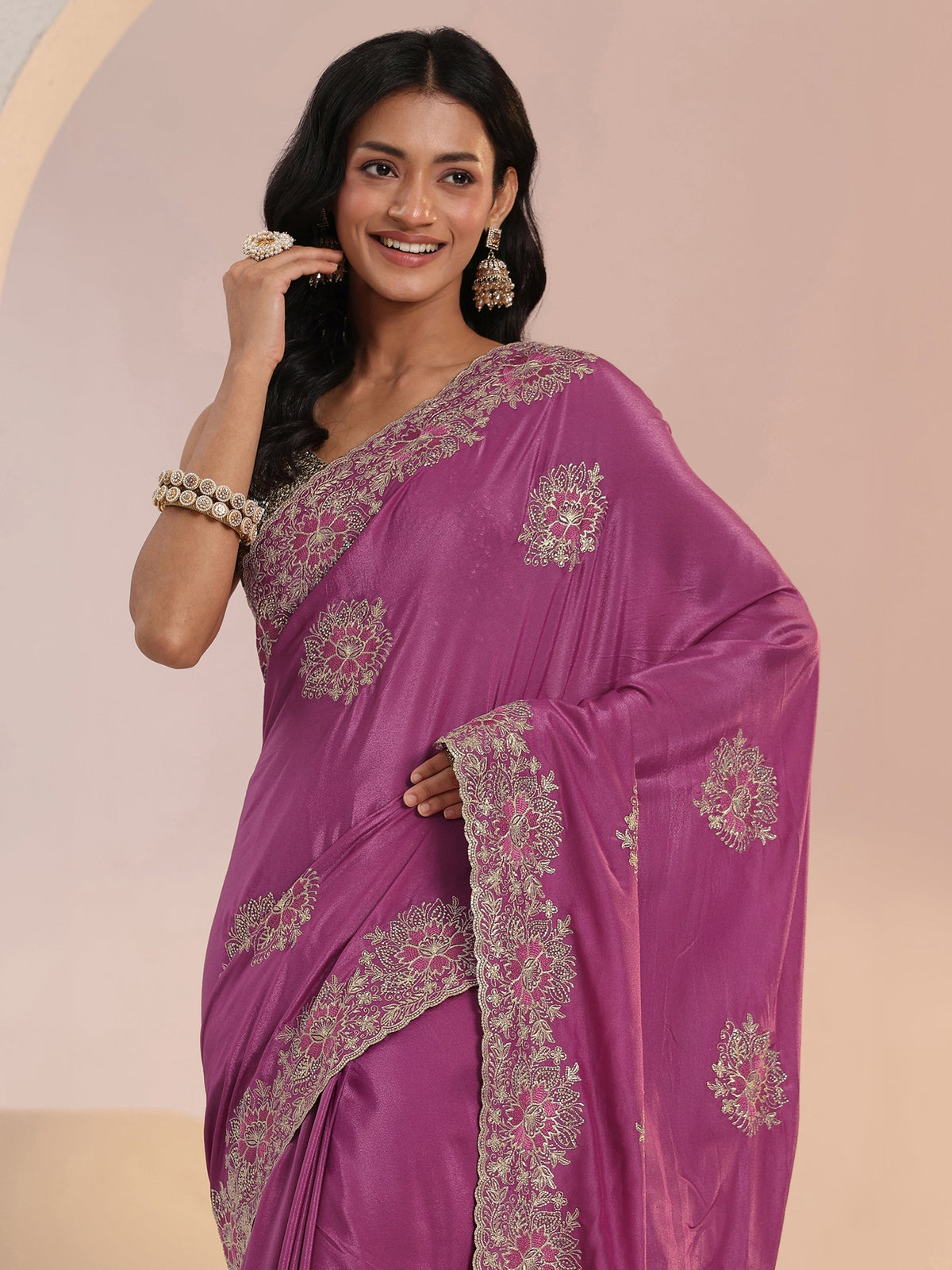 Anouk Dusty Rose Pink Floral Embroidered Tissue Saree