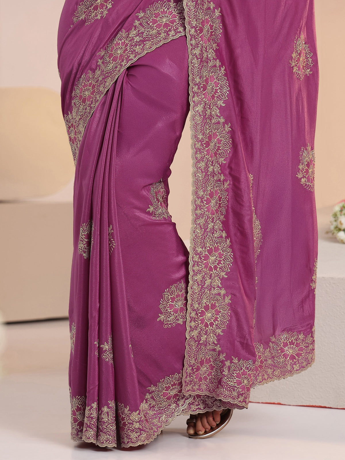 Anouk Dusty Rose Pink Floral Embroidered Tissue Saree