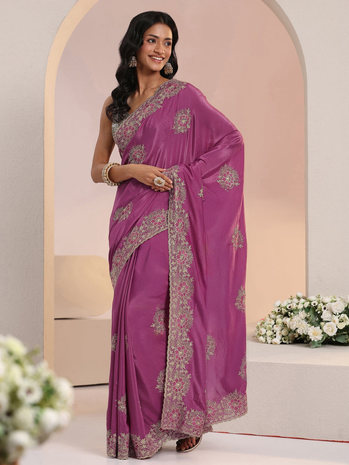 Anouk Dusty Rose Pink Floral Embroidered Tissue Saree