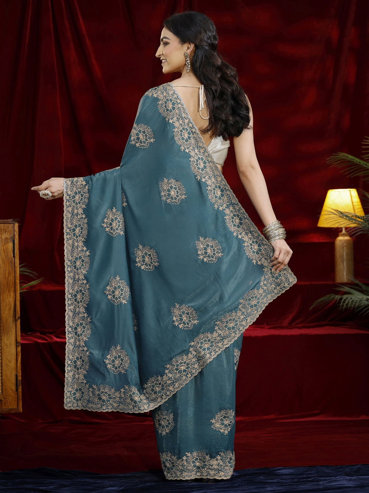 Anouk Green Floral Embroidered Tissue Saree