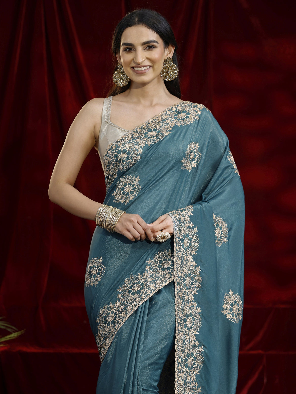 Anouk Green Floral Embroidered Tissue Saree