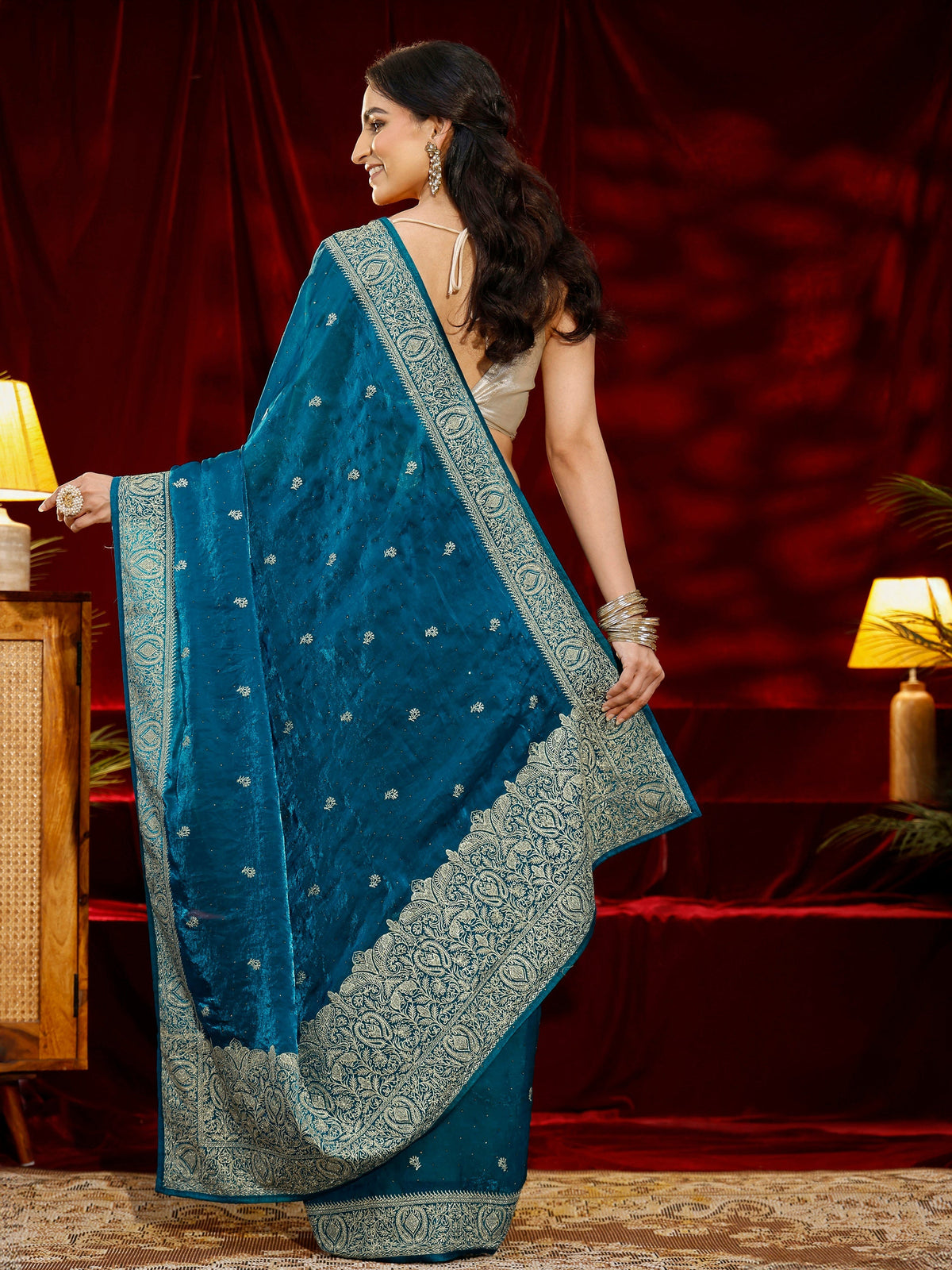 Anouk Blue Floral Embroidered Tissue Saree