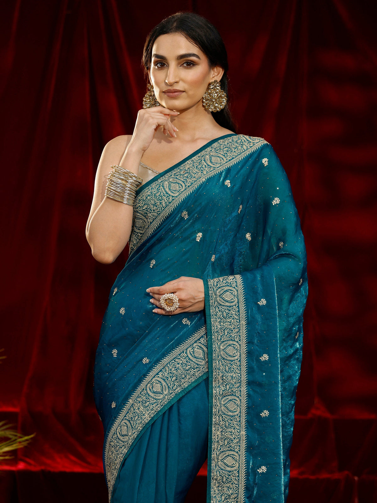 Anouk Blue Floral Embroidered Tissue Saree