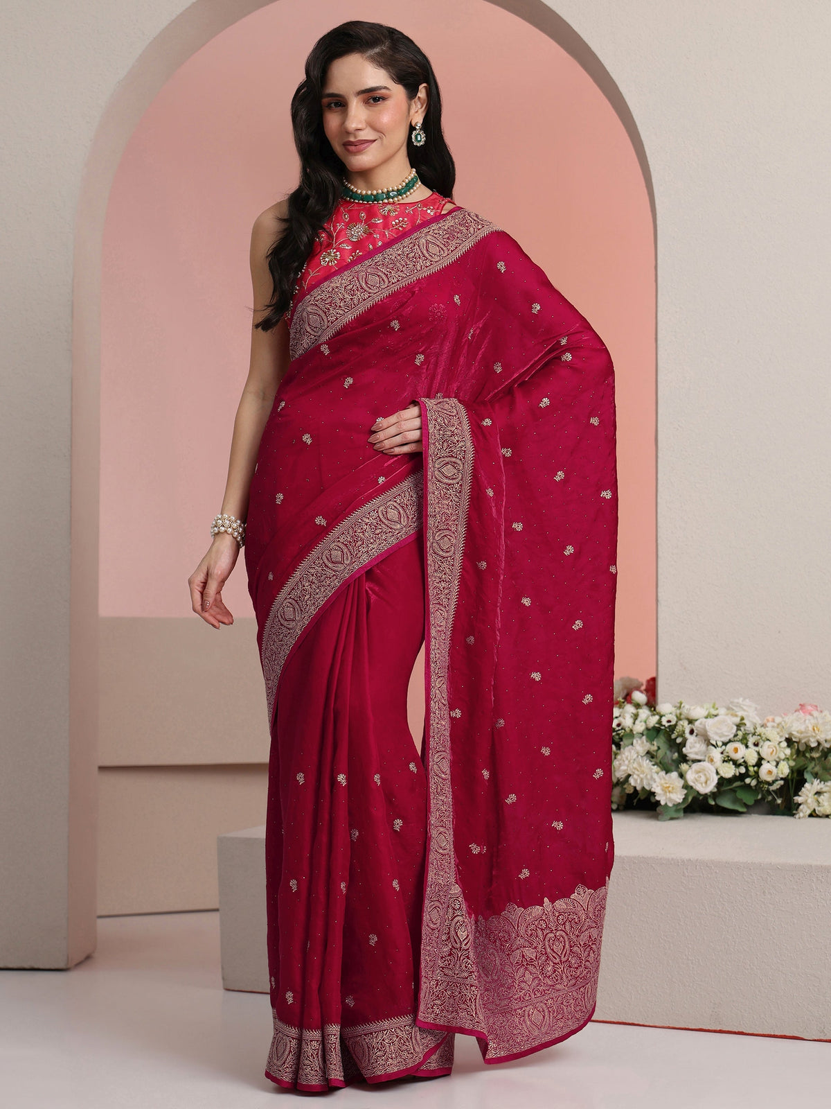 Anouk Rani Pink Embroidered Tissue Saree
