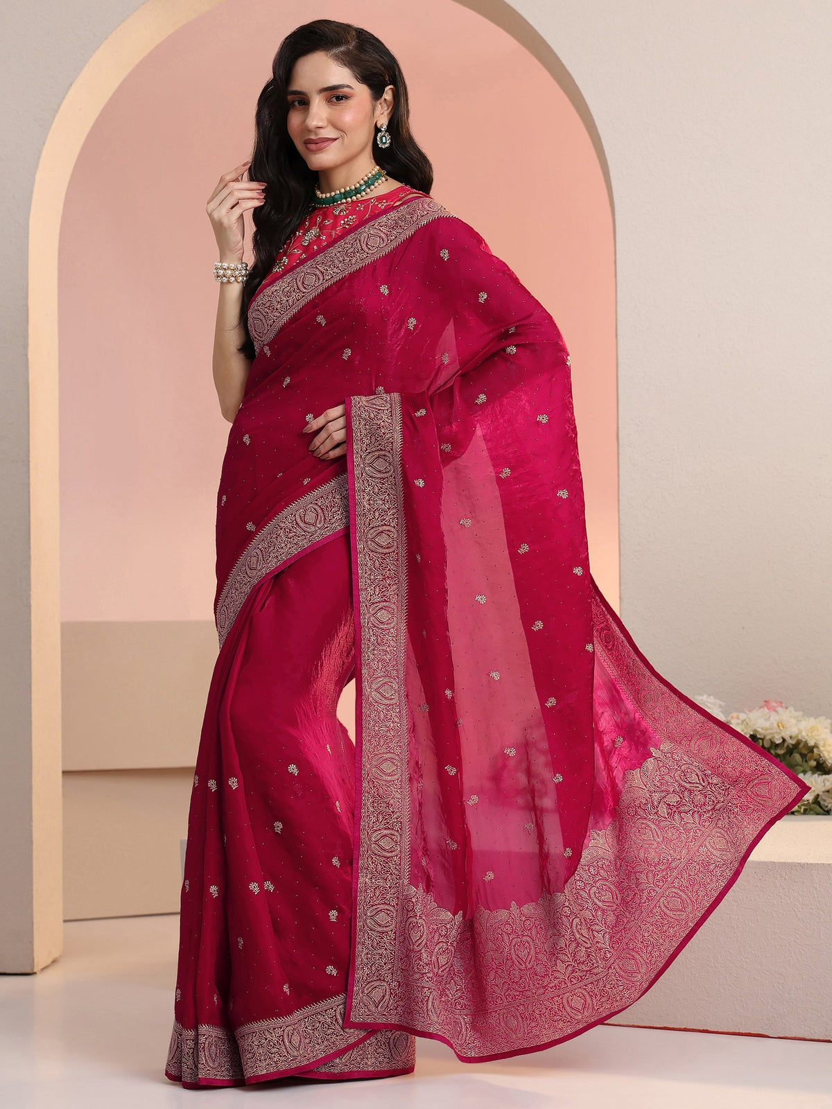 Anouk Rani Pink Embroidered Tissue Saree