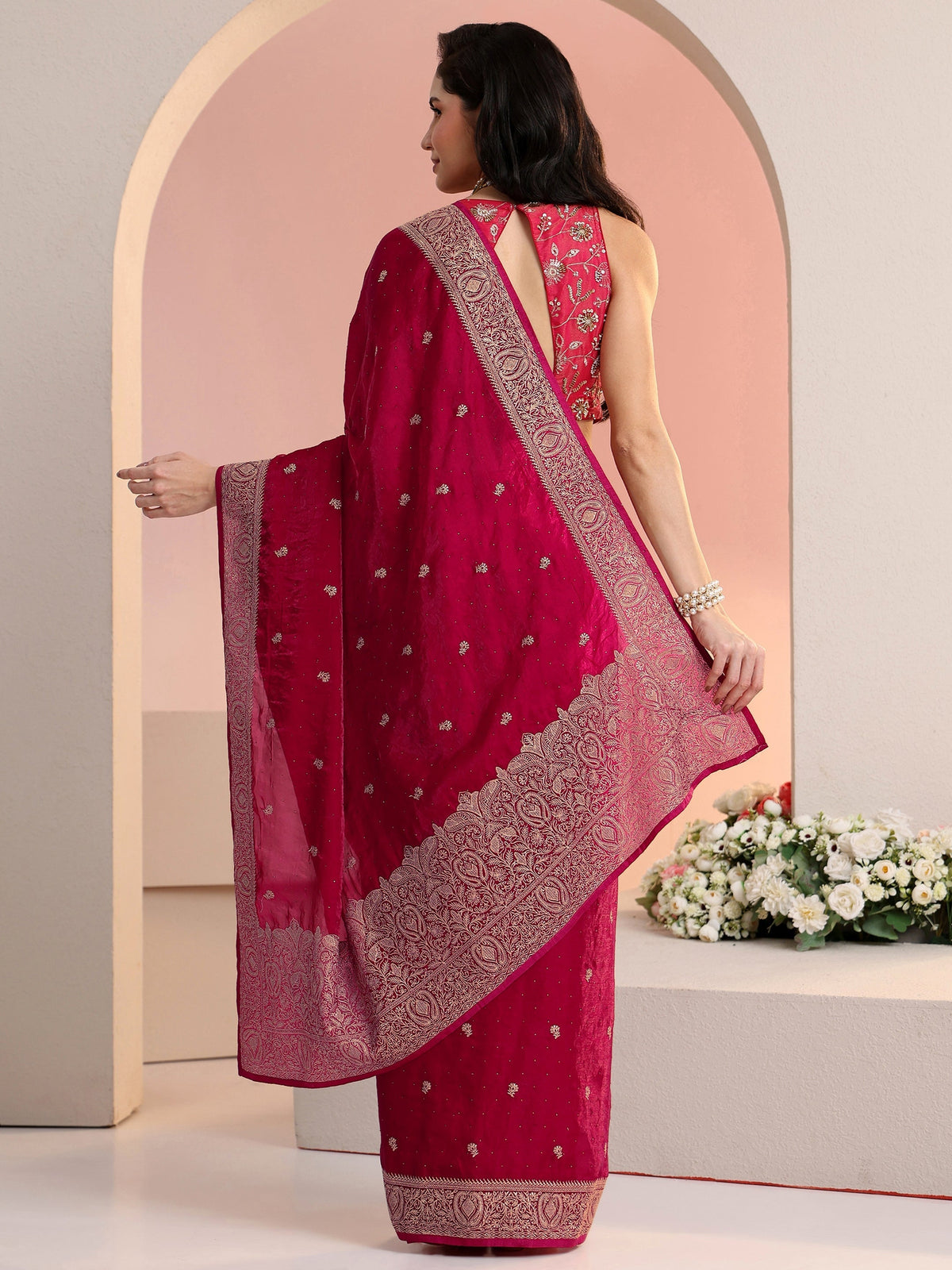 Anouk Rani Pink Embroidered Tissue Saree