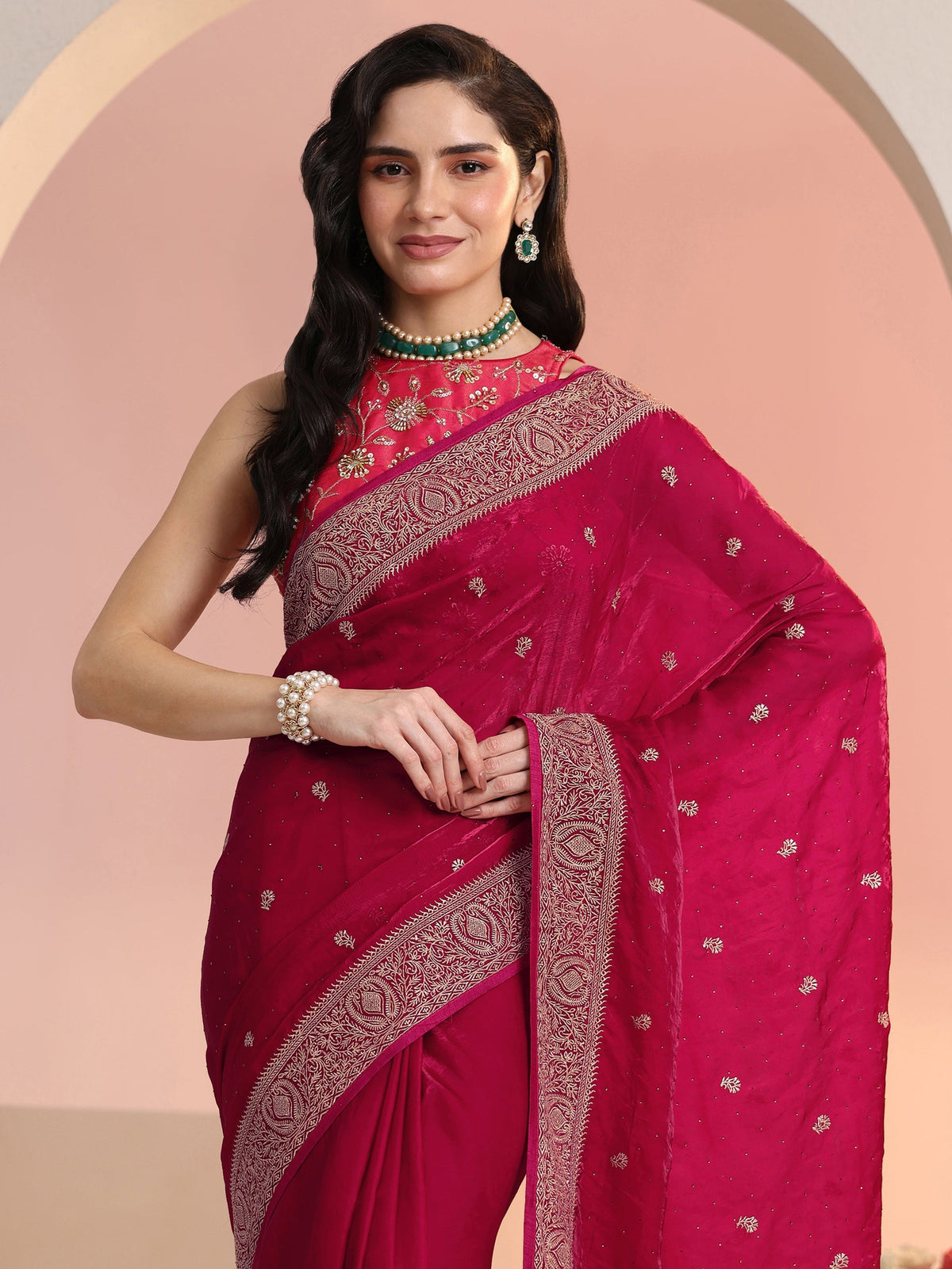 Anouk Rani Pink Embroidered Tissue Saree