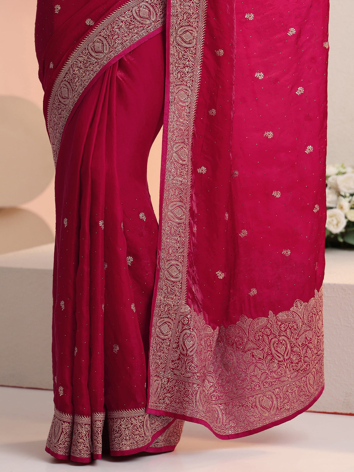 Anouk Rani Pink Embroidered Tissue Saree