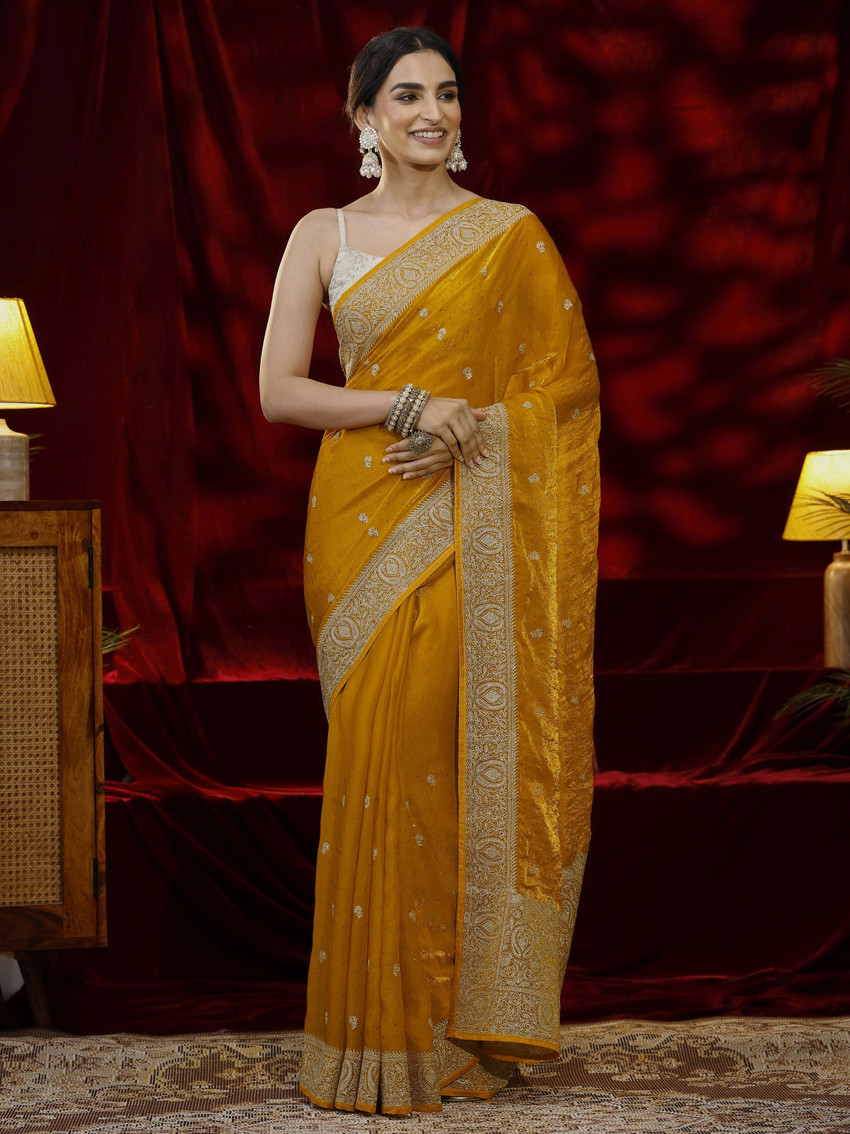 Anouk Mustard Floral Embroidered Tissue Saree