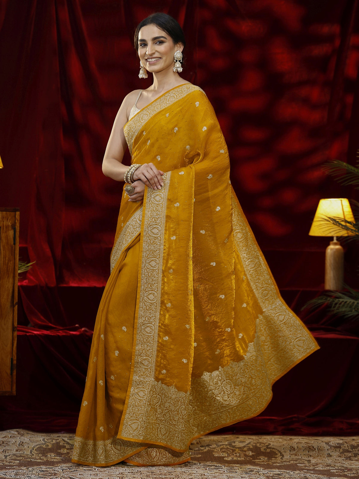 Anouk Mustard Floral Embroidered Tissue Saree