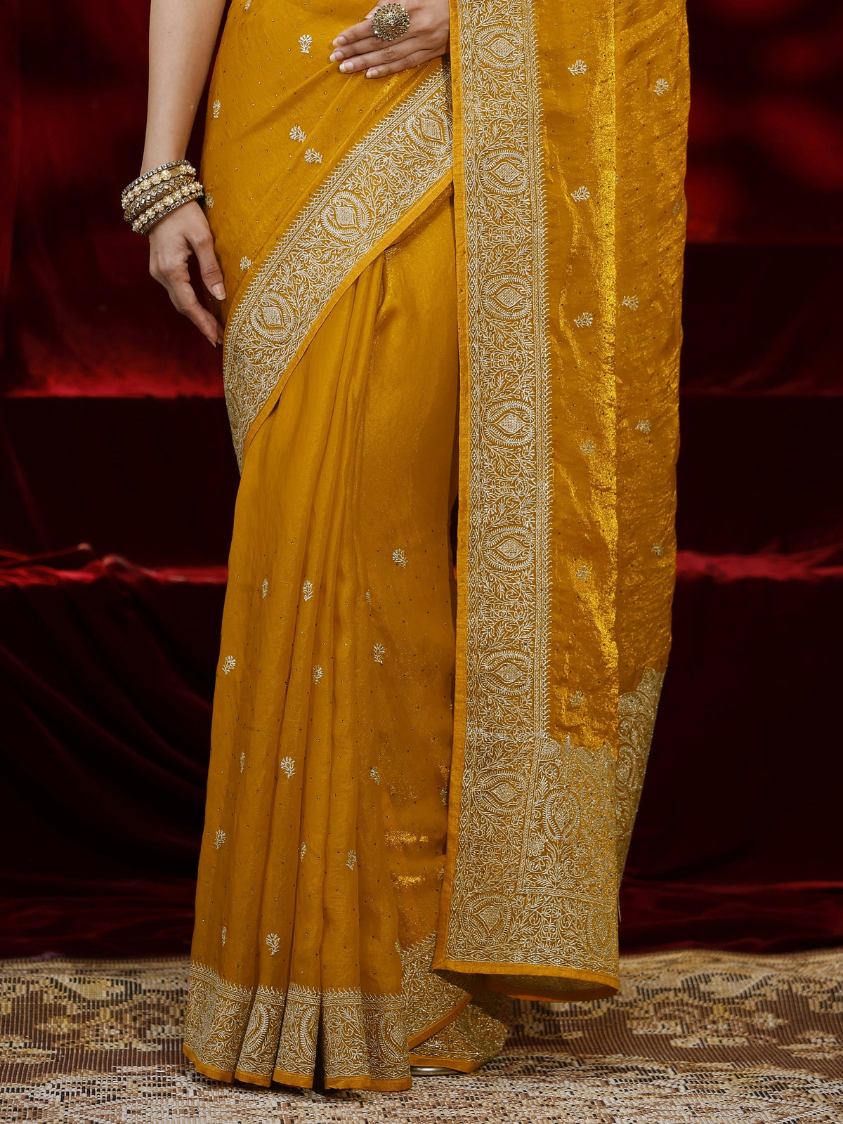 Anouk Mustard Floral Embroidered Tissue Saree