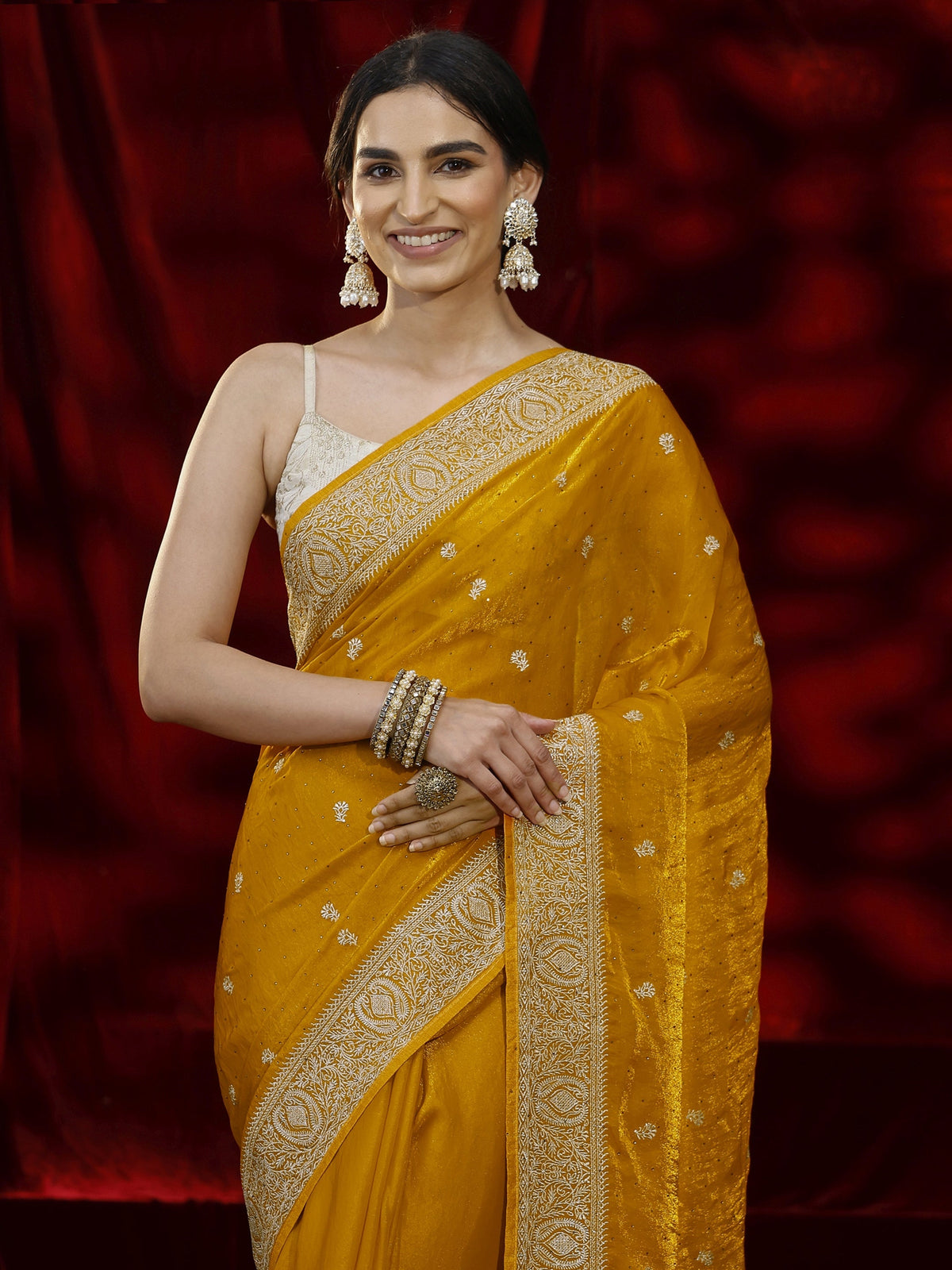 Anouk Mustard Floral Embroidered Tissue Saree