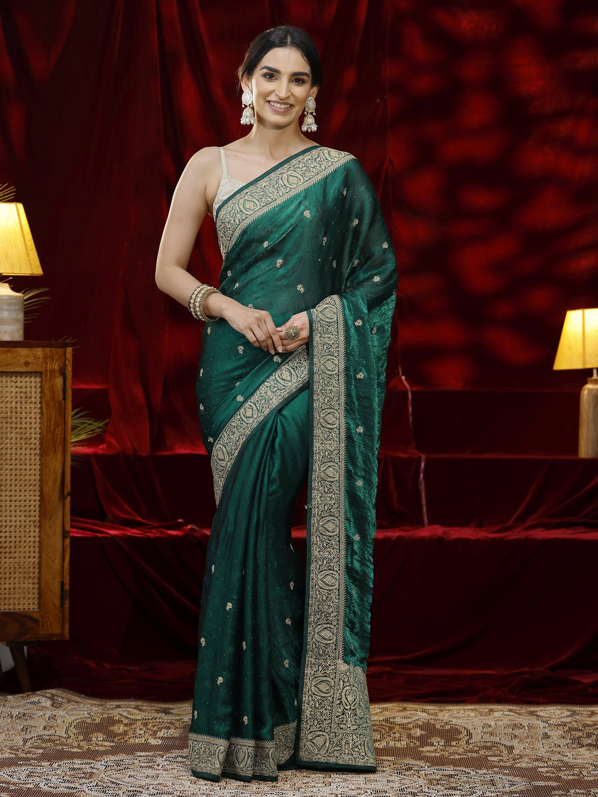 Anouk Green Floral Embroidered Tissue Saree
