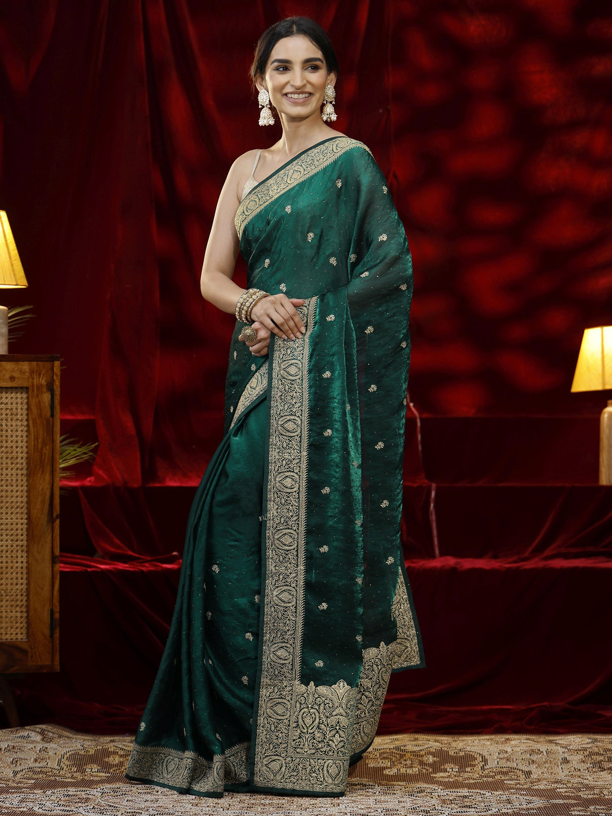 Anouk Green Floral Embroidered Tissue Saree