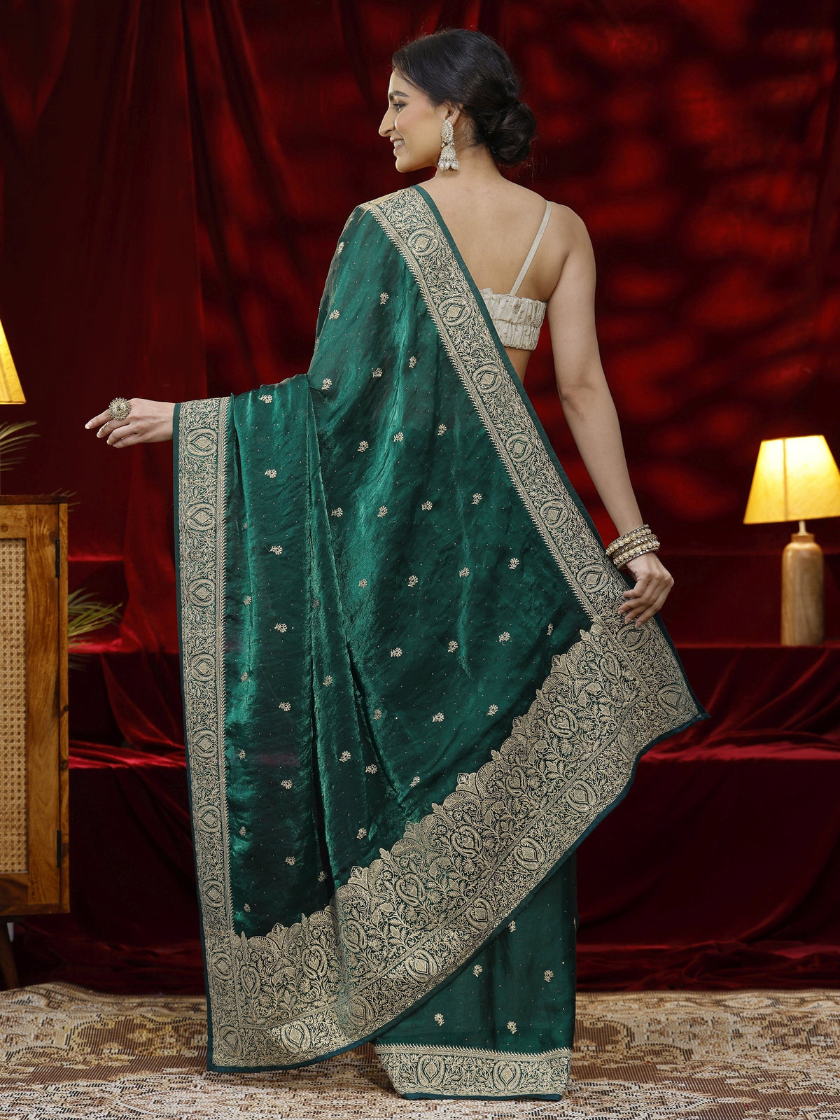 Anouk Green Floral Embroidered Tissue Saree
