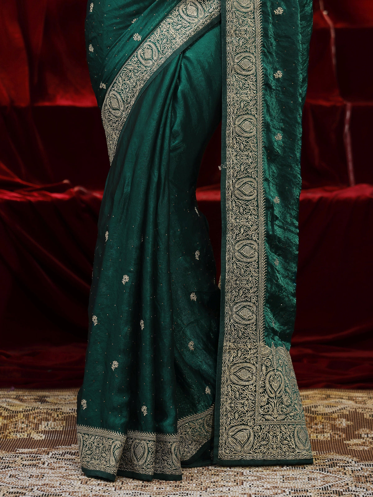 Anouk Green Floral Embroidered Tissue Saree