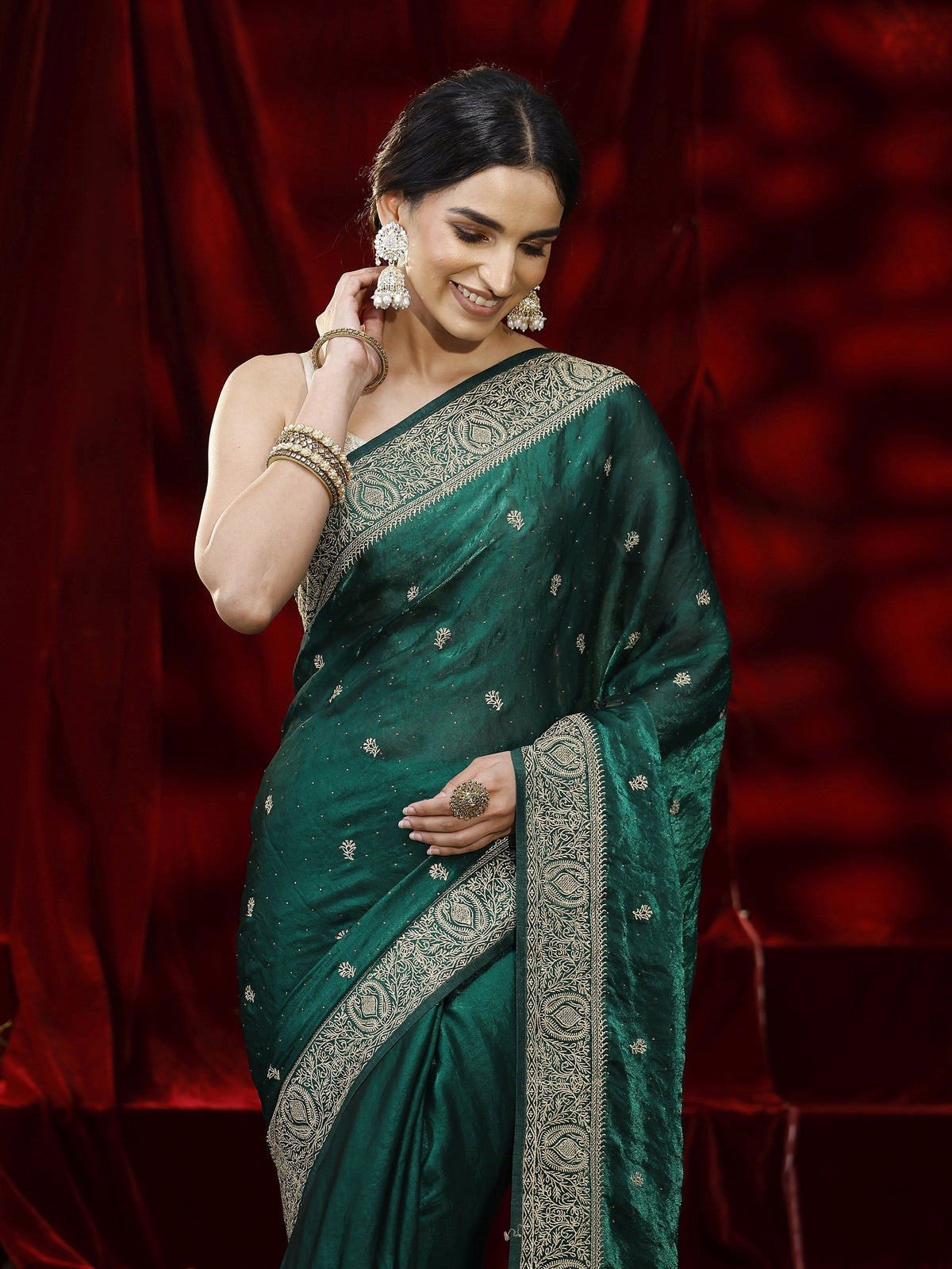 Anouk Green Floral Embroidered Tissue Saree