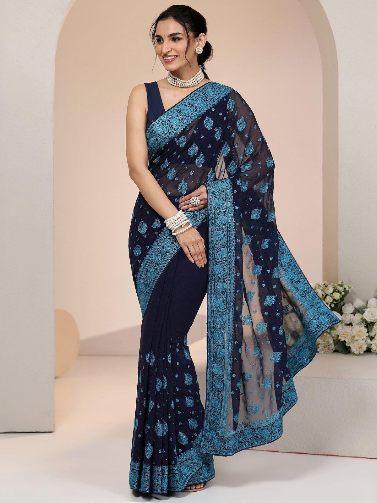 Anouk Navy Georgette Saree with Embroidered Border