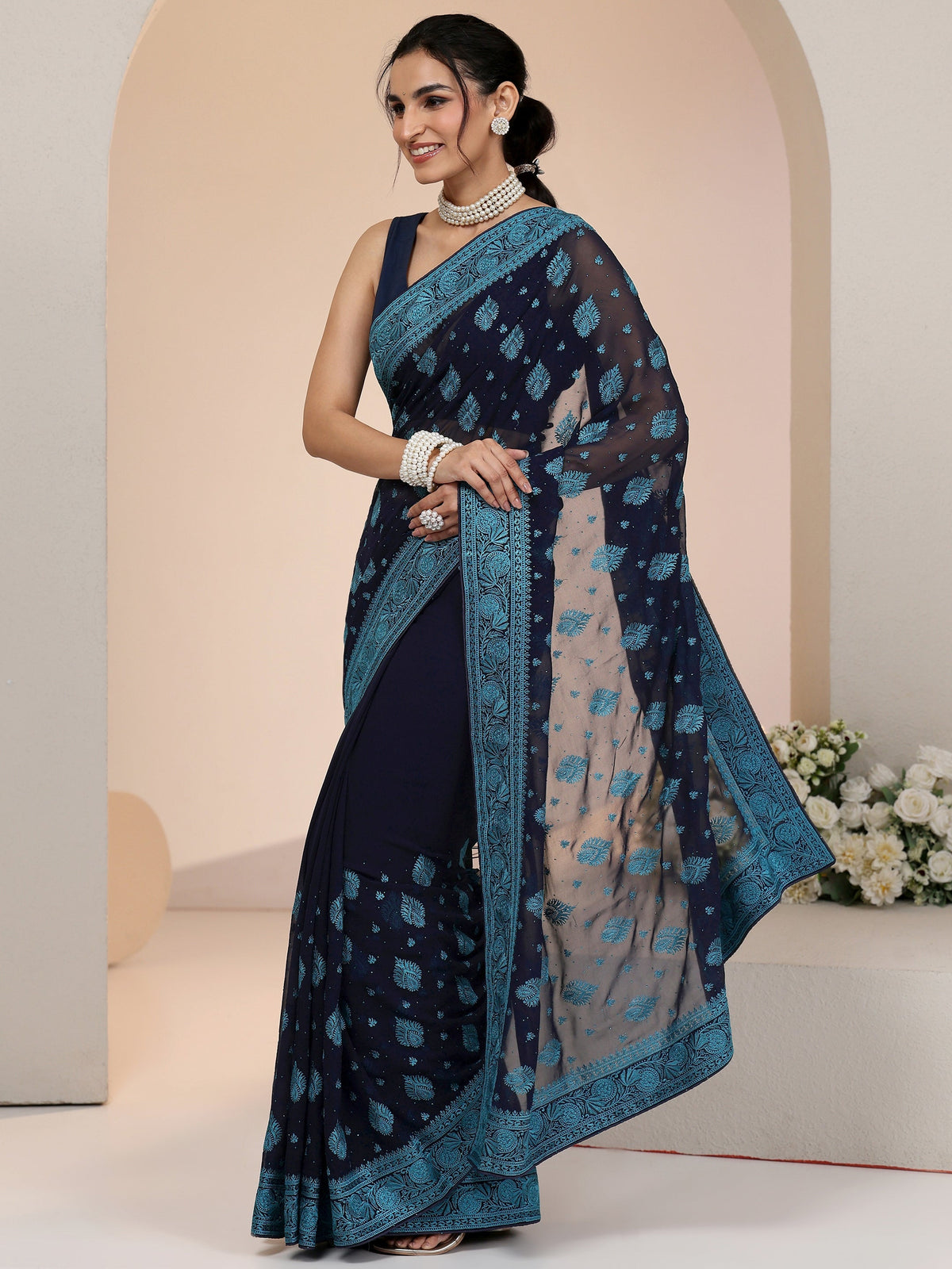 Anouk Navy Georgette Saree with Embroidered Border