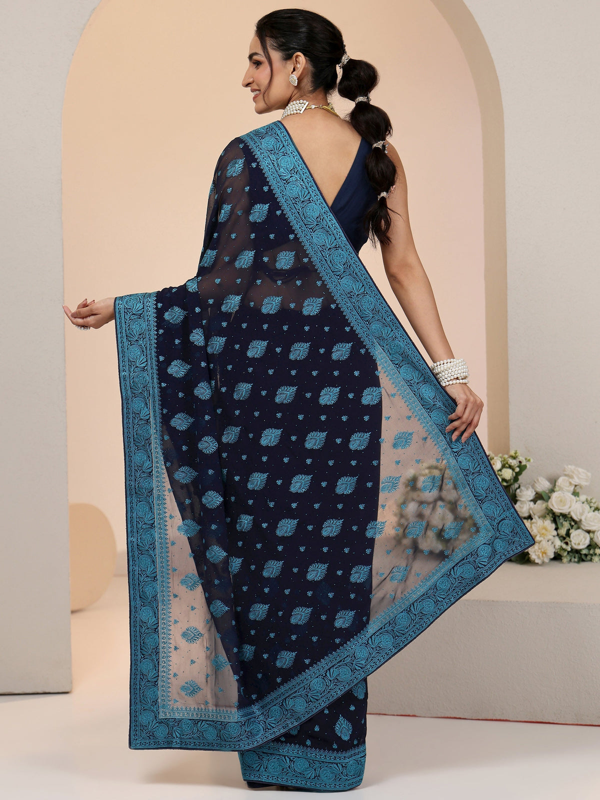 Anouk Navy Georgette Saree with Embroidered Border