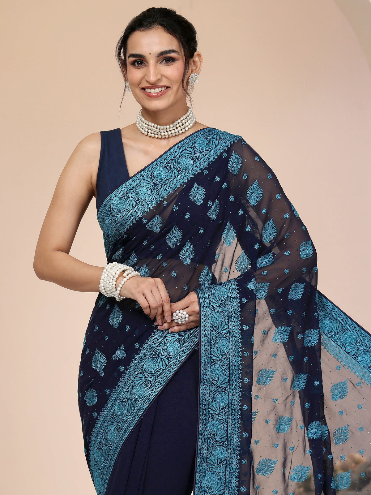 Anouk Navy Georgette Saree with Embroidered Border