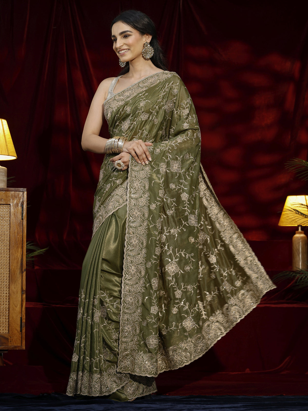 Anouk Green Floral Embroidered Satin Saree