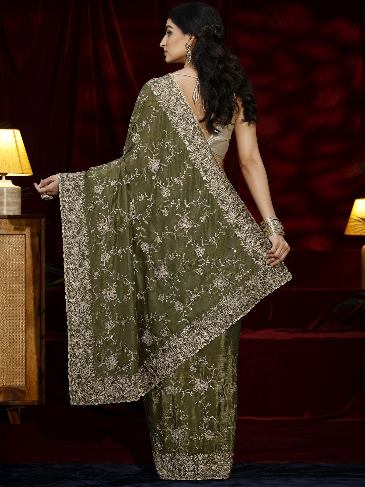 Anouk Green Floral Embroidered Satin Saree