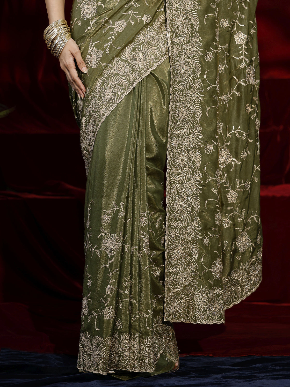 Anouk Green Floral Embroidered Satin Saree
