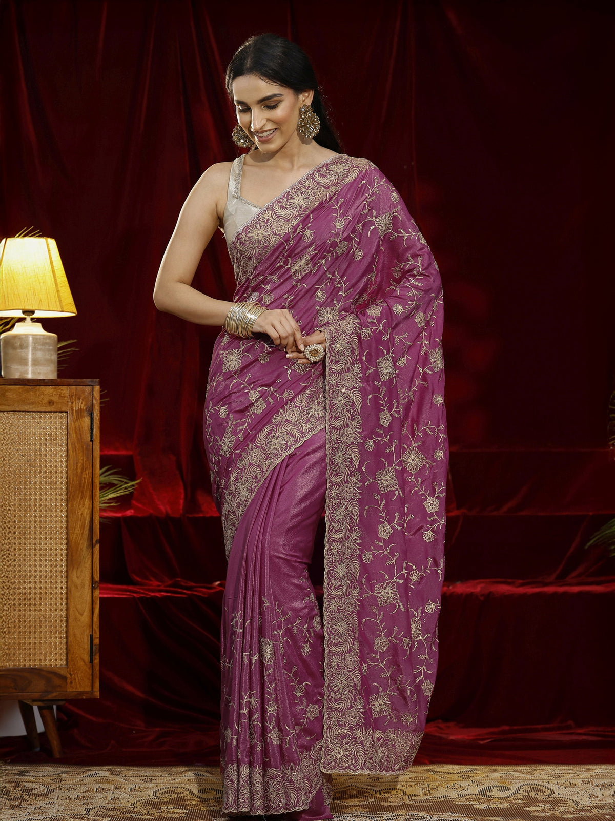 Anouk Pink Floral Embroidered Satin Saree