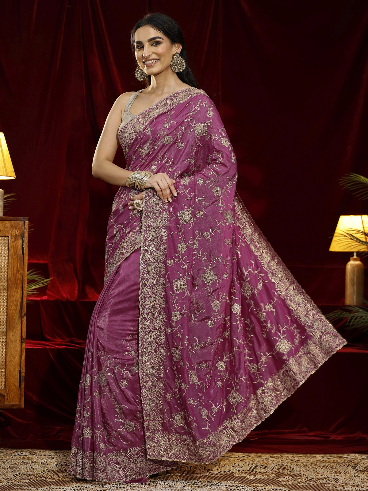 Anouk Pink Floral Embroidered Satin Saree