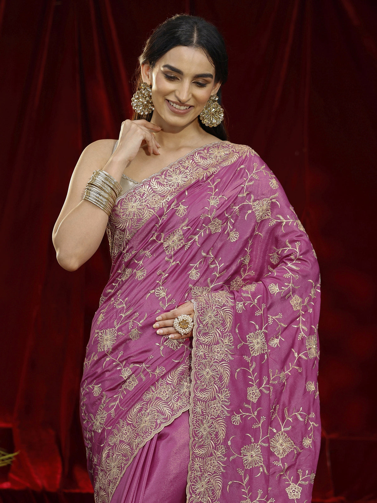 Anouk Pink Floral Embroidered Satin Saree