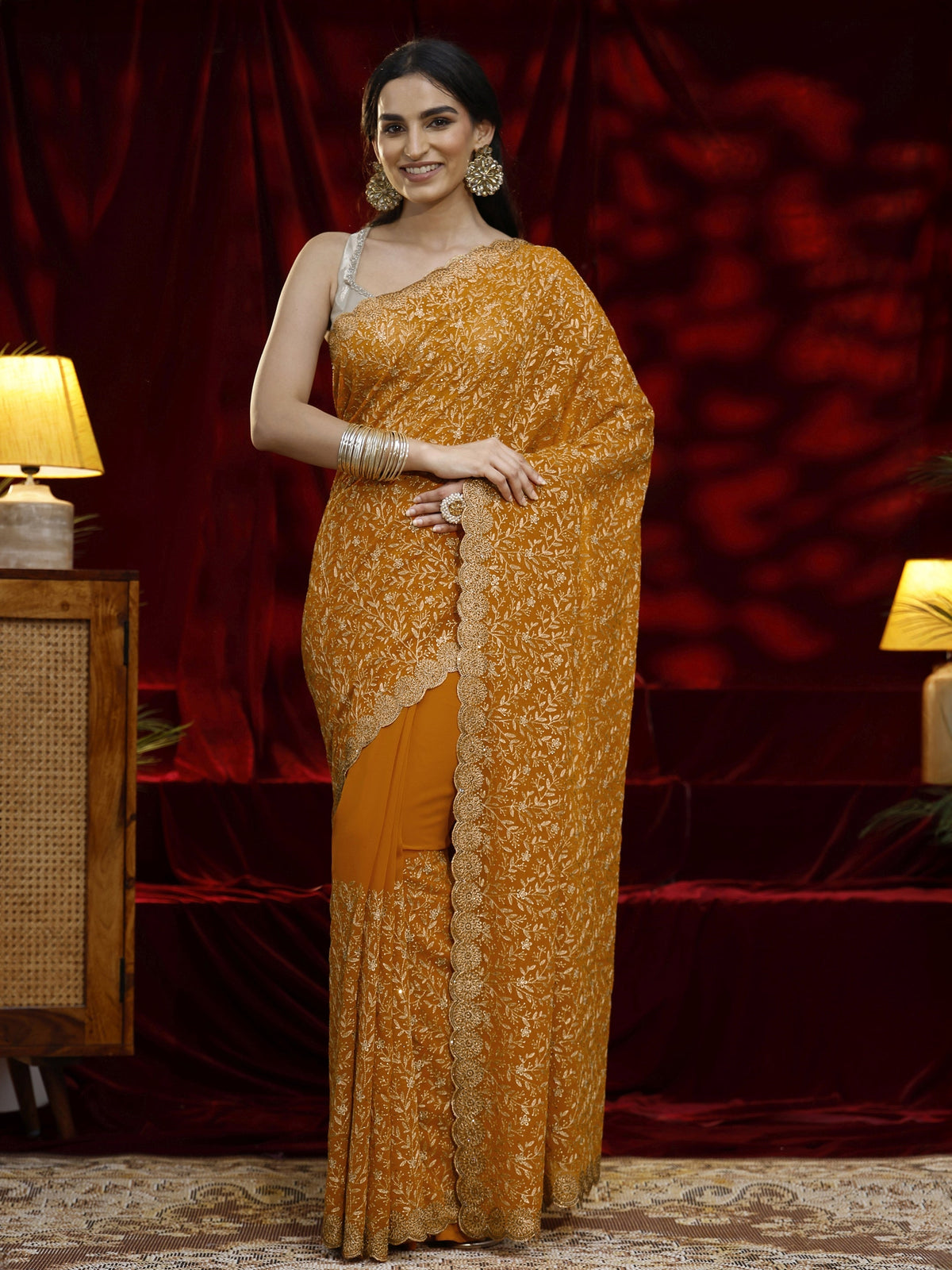 Anouk Mustard Floral Embroidered Georgette Saree