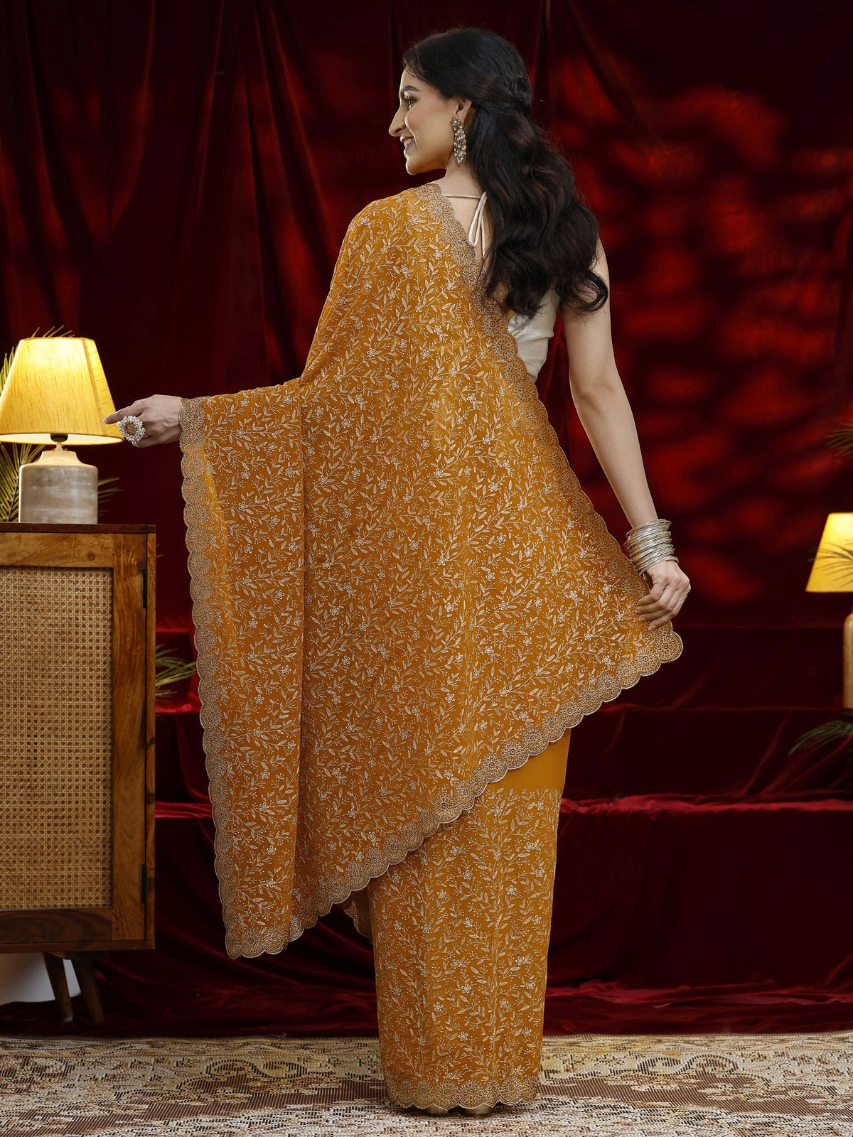 Anouk Mustard Floral Embroidered Georgette Saree