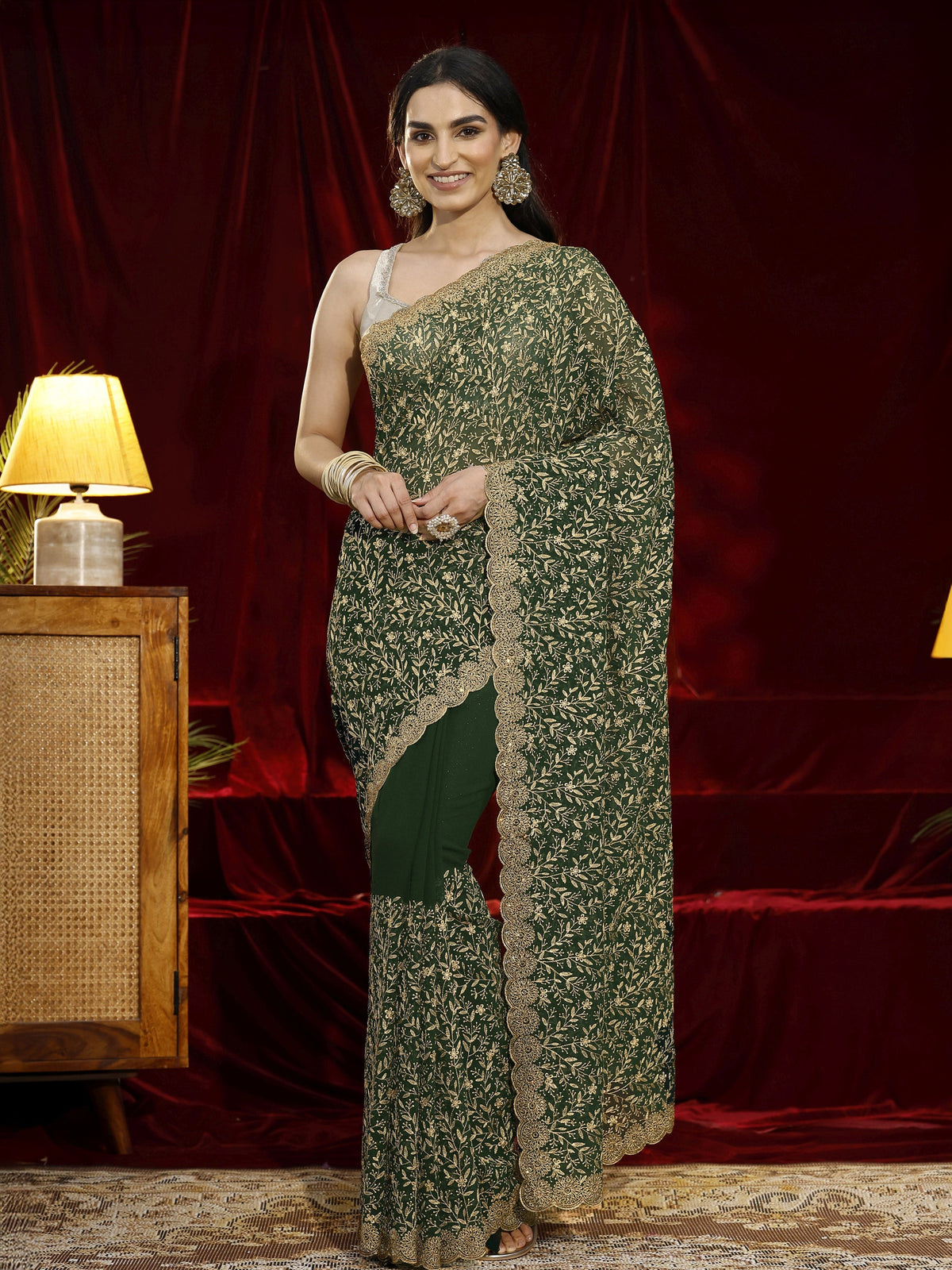 Anouk Green Floral Embroidered Georgette Saree