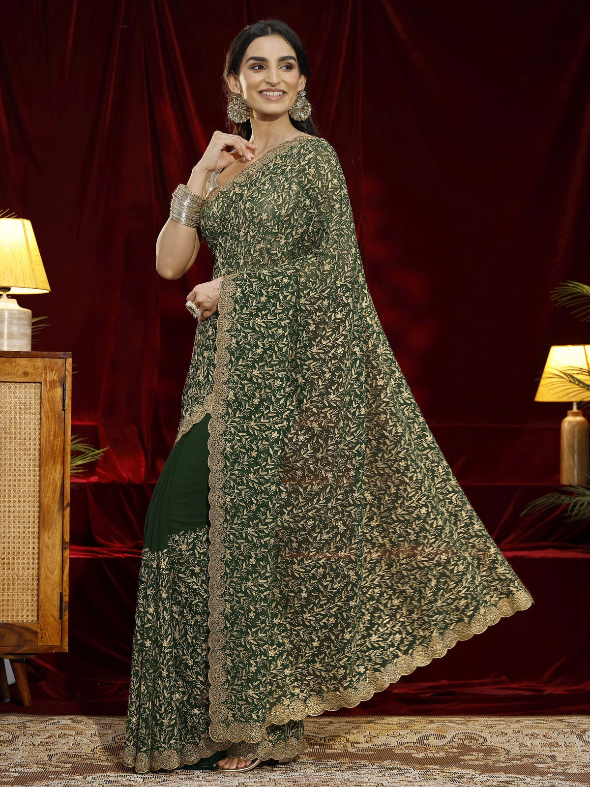 Anouk Green Floral Embroidered Georgette Saree