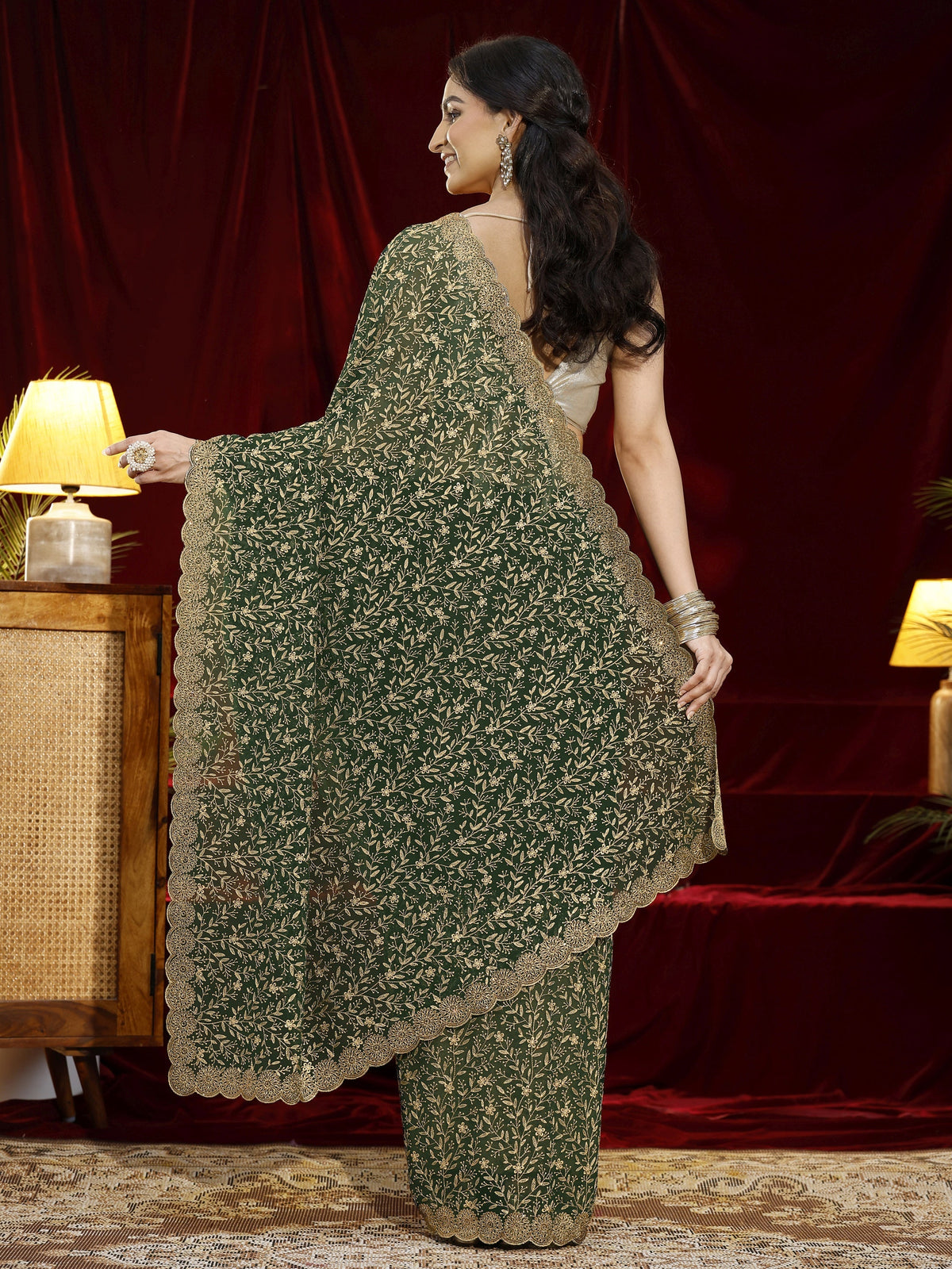 Anouk Green Floral Embroidered Georgette Saree